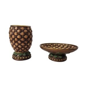 Springs Global Tropical Basketweave Resin Bathroom Set Soap Dish Tumbler Brown